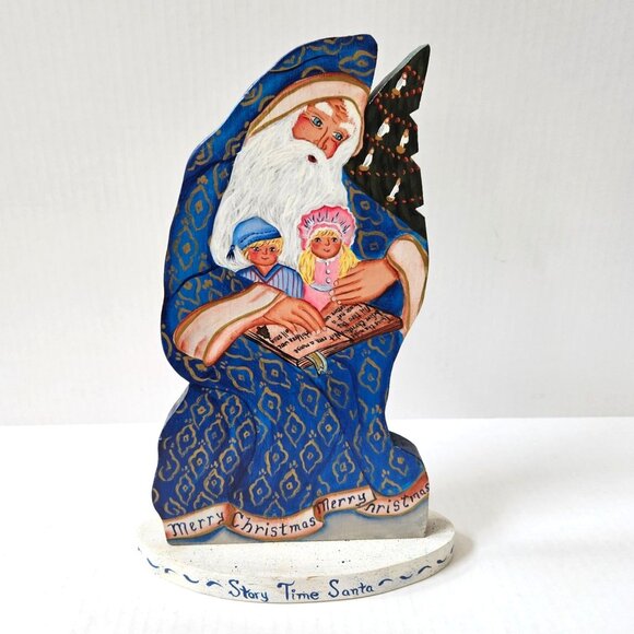 Vintage Hand Painted Wooden Santa Story Time Old World Folk Art Artist Signed 90 - Picture 1 of 6